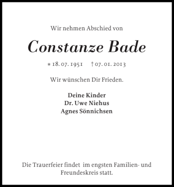 Traueranzeige von Constanze Bade von Landeszeitung