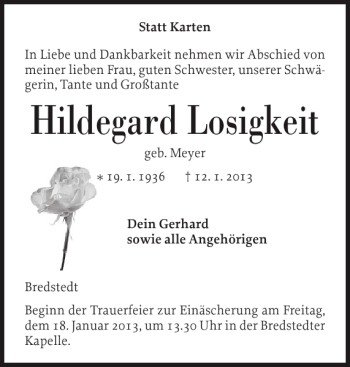 Traueranzeige von Hildegard Losigkeit von Husumer Nachrichten