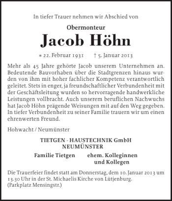 Traueranzeige von Jacob Höhn von Holsteinischer Courier