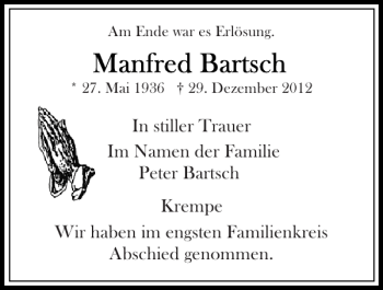 Traueranzeige von haben im Im der Peter Bartsch Krempe  von Norddeutsche Rundschau