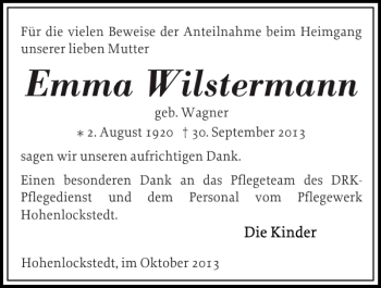 Traueranzeige von Emma Wilstermann von Norddeutsche Rundschau