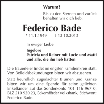 Traueranzeige von Federico Bade von Eckernförder Zeitung