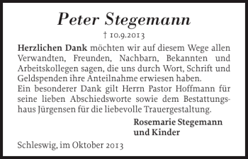 Traueranzeige von Peter Stegemann von Schleswiger Nachrichten