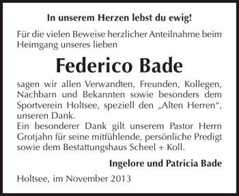 Traueranzeige von Federico Bade von Eckernförder Zeitung