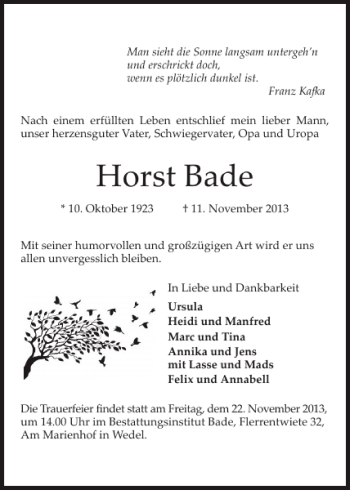 Traueranzeige von Horst Bade von Pinneberger Tageblatt