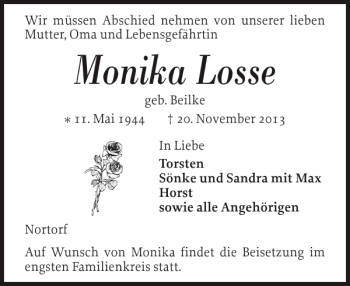 Traueranzeige von Monika Losse von Landeszeitung