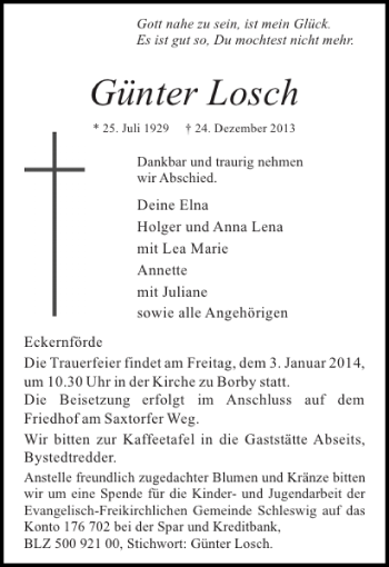 Traueranzeige von Günter Losch von Eckernförder Zeitung