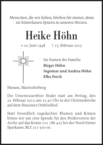 Traueranzeige von Heike Höhn von Husumer Nachrichten