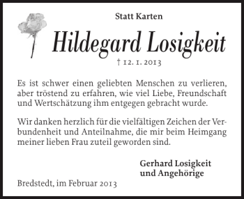 Traueranzeige von Hildegard Losigkeit von Husumer Nachrichten