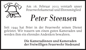 Traueranzeige von Peter Steensen von Nordfriesland Tageblatt
