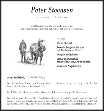 Traueranzeige von Peter Steensen von Nordfriesland Tageblatt