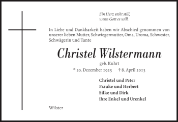 Traueranzeige von Christel Wilstermann von Norddeutsche Rundschau