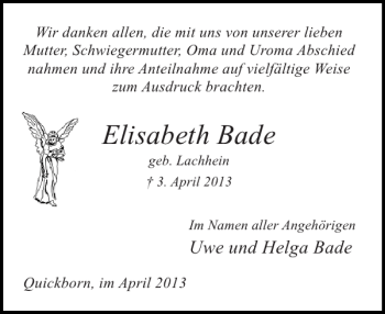 Traueranzeige von Elisabeth Bade von Pinneberger Tageblatt