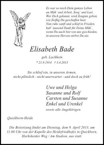 Traueranzeige von Elisabeth Bade von Pinneberger Tageblatt