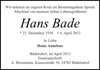 Traueranzeige von Hans Bade von Landeszeitung