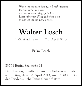 Traueranzeige von Walter Losch von Ostholsteiner Anzeiger