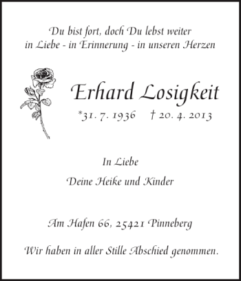 Traueranzeige von Erhard Losigkeit von Pinneberger Tageblatt