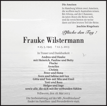 Traueranzeige von Frauke Wilstermann von Husumer Nachrichten