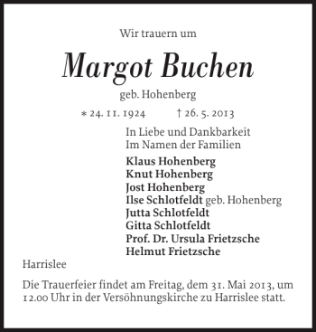 Traueranzeige von Margot Buchen von Flensburger Tageblatt