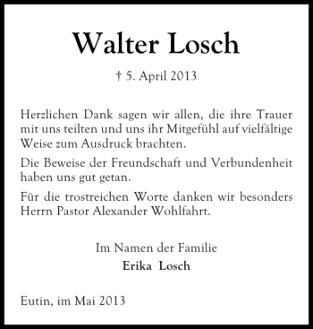 Traueranzeige von Walter Losch von Ostholsteiner Anzeiger