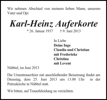 Traueranzeige von Karl-Heinz Auferkorte von Landeszeitung