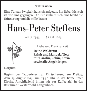 Traueranzeige von Hans-Peter Steffens von Husumer Nachrichten