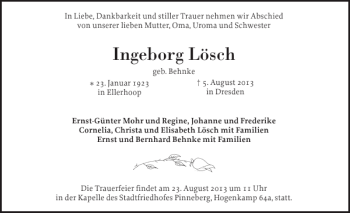 Traueranzeige von Ingeborg Lösch von Pinneberger Tageblatt