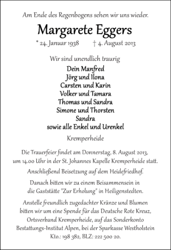 Traueranzeige von t aurig Kremperheide Regenbogens Aug st  von Norddeutsche Rundschau