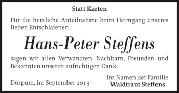 Traueranzeige von Hans-Peter Steffens von Husumer Nachrichten