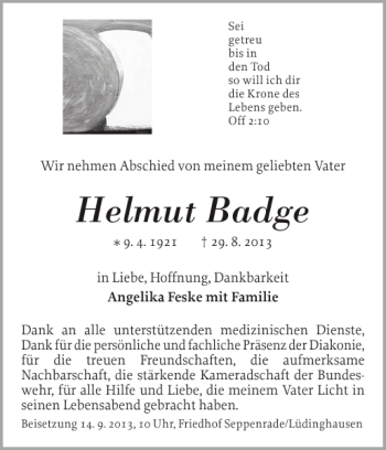 Traueranzeige von Helmut Badge von Schleswiger Nachrichten