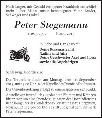 Traueranzeige von Peter Stegemann von Schleswiger Nachrichten