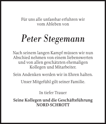 Traueranzeige von Peter Stegemann von Schleswiger Nachrichten
