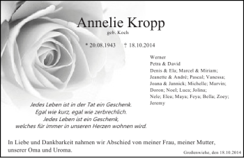Traueranzeige von Annelie Kropp von Flensburger Tageblatt