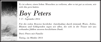 Traueranzeige von Boy Peters von Husumer Nachrichten
