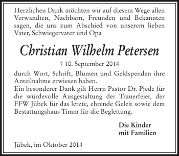 Traueranzeige von Christian Wilhelm Petersen von Schleswiger Nachrichten