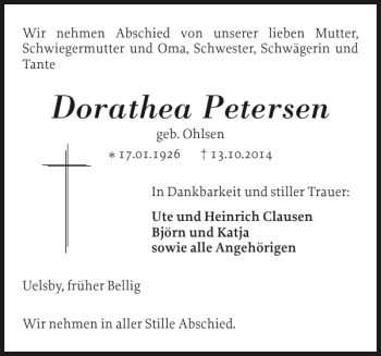 Traueranzeige von Dorathea Petersen von Schleswiger Nachrichten