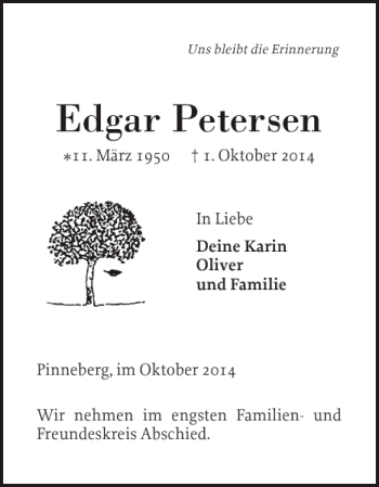 Traueranzeige von Edgar Petersen von Pinneberger Tageblatt