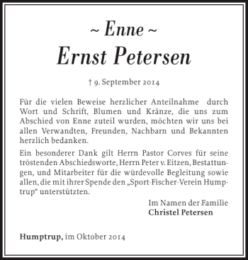 Traueranzeige von Ernst Petersen von Nordfriesland Tageblatt