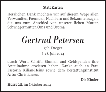 Traueranzeige von Gertrud Petersen von Nordfriesland Tageblatt