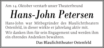 Traueranzeige von Hans-John Petersen von Husumer Nachrichten