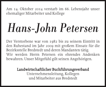 Traueranzeige von Hans-John Petersen von Husumer Nachrichten