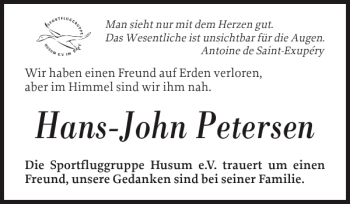 Traueranzeige von Hans-John Petersen von Husumer Nachrichten