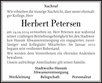 Traueranzeige von Herbert Petersen von Husumer Nachrichten