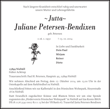 Traueranzeige von Juliane Petersen-Bendixen von Husumer Nachrichten
