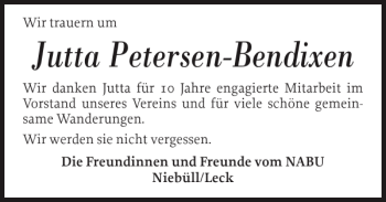 Traueranzeige von Jutta Petersen-Bendixen von Nordfriesland Tageblatt
