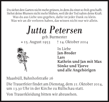 Traueranzeige von Jutta Petersen von Flensburger Tageblatt