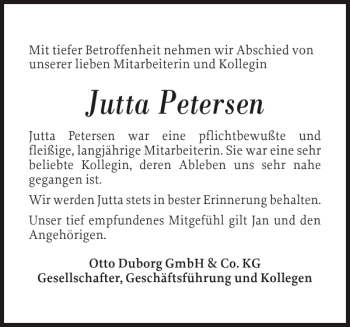 Traueranzeige von Jutta Petersen von Flensburger Tageblatt