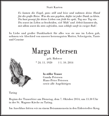 Traueranzeige von Marga Petersen von Husumer Nachrichten