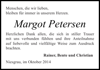 Traueranzeige von Margot Petersen von Flensburger Tageblatt