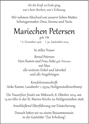 Traueranzeige von Mariechen Petersen von Norddeutsche Rundschau